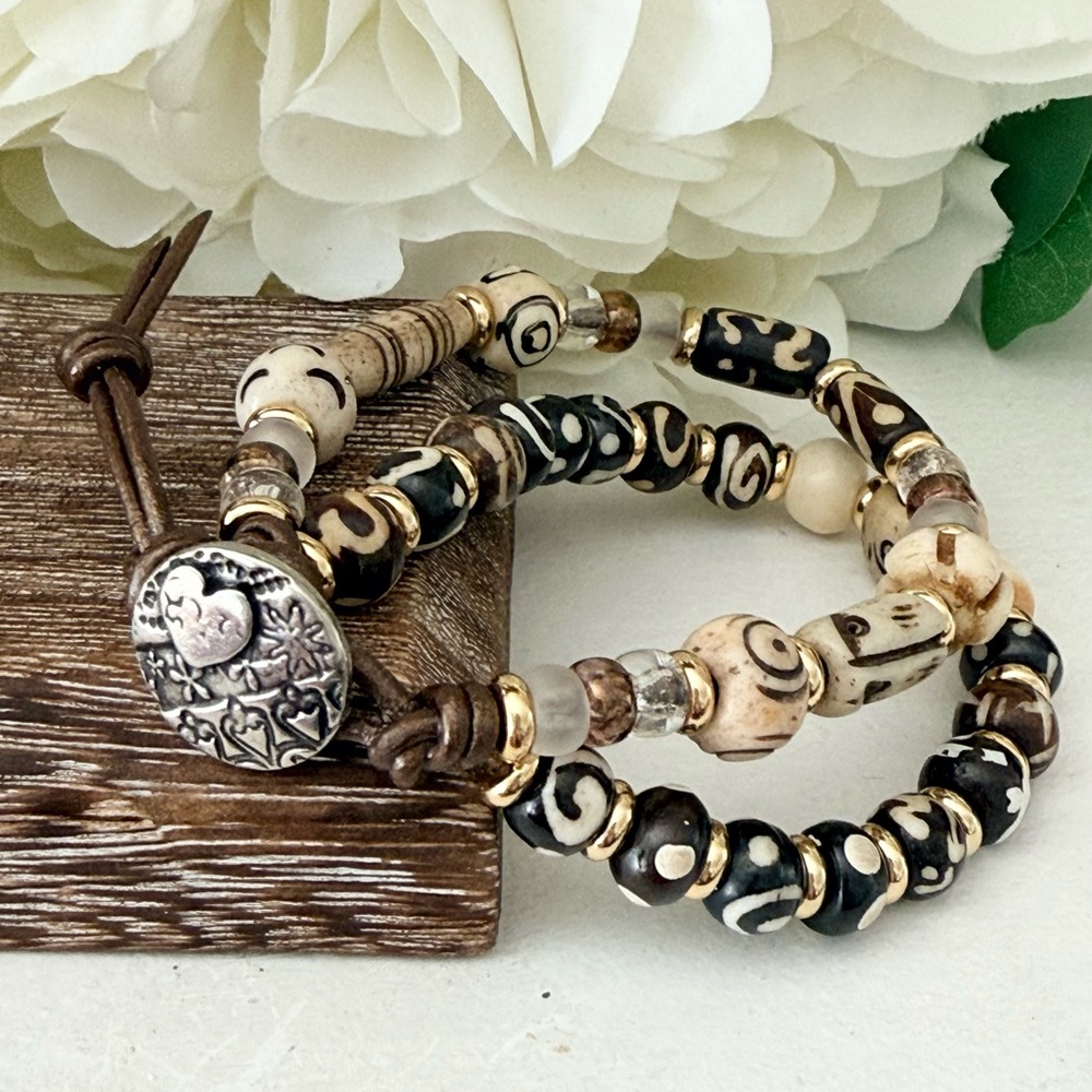 Boho Bead Double Strand Leather Wrap Bracelet